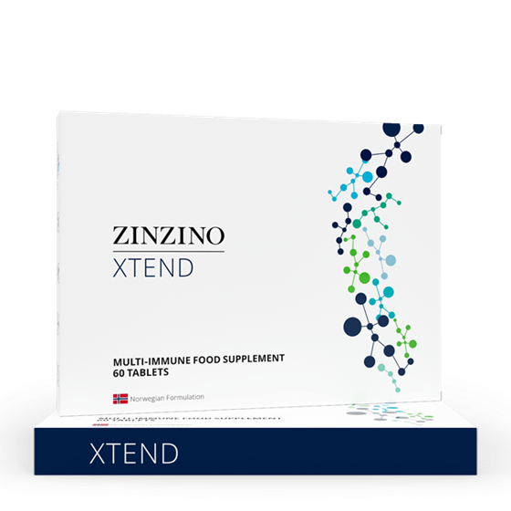 Caja blanca de complemento alimenticio multiinmunitario Zinzino Xtend con 60 comprimidos. El envase presenta un diseño gráfico molecular, la marca clara Zinzino Xtend y una bandera noruega que indica su formulación noruega.