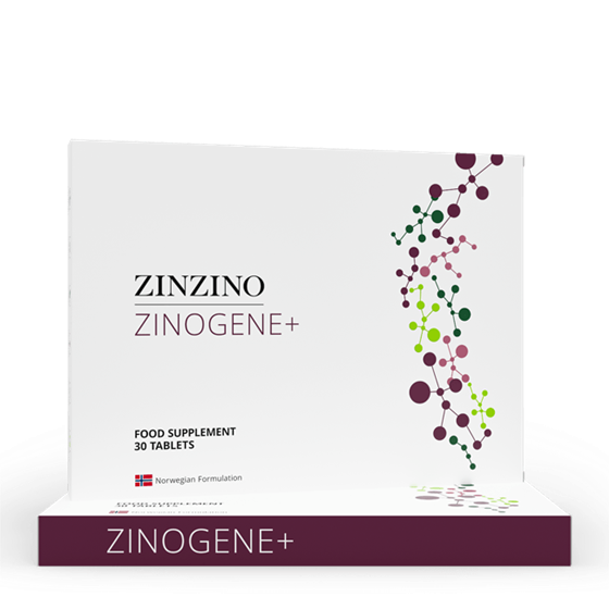 Una caja blanca del complemento alimenticio Zinzino Zinogene+, con un gráfico de la estructura molecular en verde y morado, muestra la formulación noruega. El envase indica que contiene 30 comprimidos de Zinzino Zinogene+.
