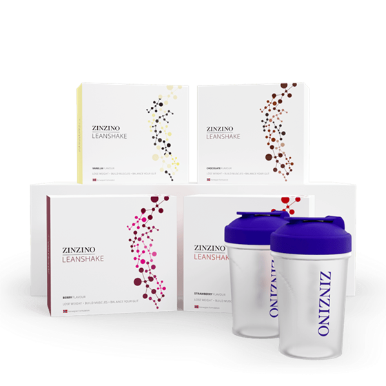 Cuatro cajas de Zinzino LeanShake, cada una con diseños de puntos de diferentes colores, están dispuestas en dos filas, con dos botellas transparentes de Zinzino LeanShake con tapas azules colocadas delante de las cajas sobre un fondo blanco.