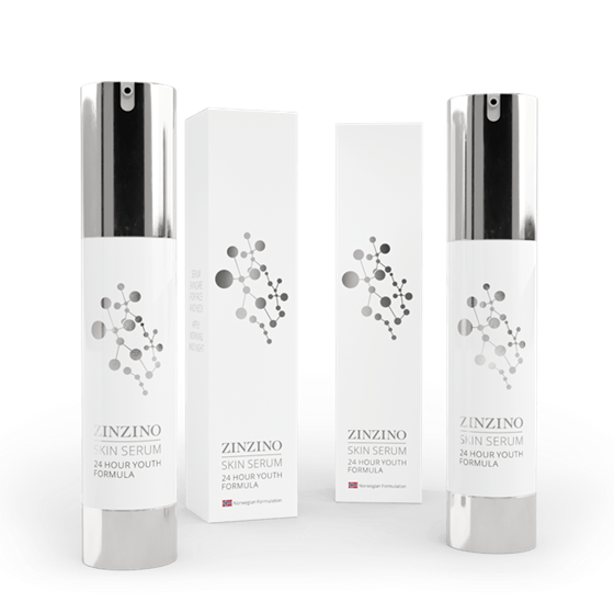 Dos frascos de Zinzino Skin Serum frente a sus cajas blancas, con un gráfico minimalista en forma de molécula y detalles plateados. En la etiqueta se lee "24 Hour Youth Formula".