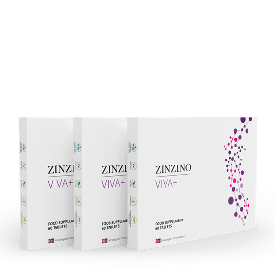 Se exponen tres cajas blancas de comprimidos de complemento alimenticio Zinzino Viva+, en las que destacan los vibrantes diseños punteados de la parte derecha de la caja más grande de Zinzino Viva+, con la información del producto en texto negro y morado en negrita.