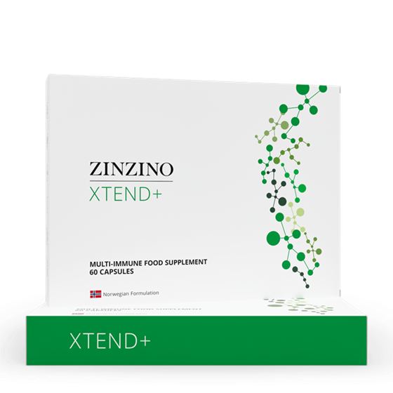 Una caja blanca etiquetada "Zinzino Xtend+" con gráficos moleculares verdes, que contiene 60 cápsulas de un complemento alimenticio multiinmunitario que favorece la salud metabólica. La caja presenta una pequeña bandera noruega y un acento verde en el borde inferior.