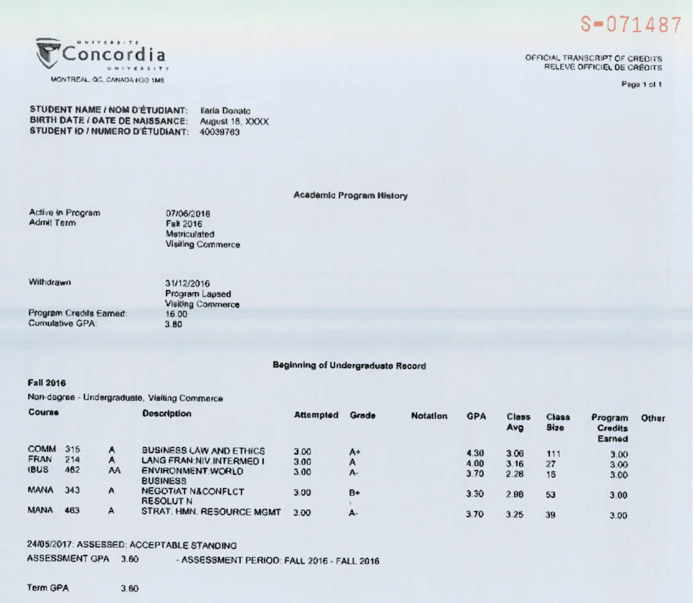 Un expediente universitario escaneado de Concordia, que muestre los datos del estudiante, el historial del programa, el GPA acumulativo y los cursos de licenciatura de otoño de 2016 con calificaciones y créditos, que demuestren la competencia en la evaluación y el equilibrio interno a lo largo del progreso académico.