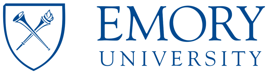 Logotipo de la Universidad de Emory con dos antorchas cruzadas que simbolizan el equilibrio interno dentro de un escudo a la izquierda y las palabras EMORY UNIVERSITY en texto azul a la derecha.